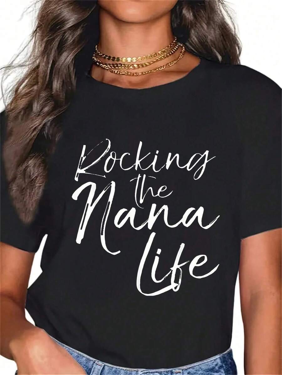 Rocking The Nana Life 1 Pieza Camiseta de Talla Grande para Mujer, Camiseta Gráfica Oversize de Manga Corta 220g, Novedosa, 100% Poliéster, Camiseta Casual de Cuello Redondo - Negro - Ver 1