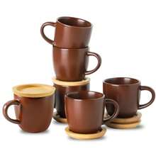 Hasense - Juego de 6 tazas y platillos apilables de porcelana 4 onzas tazas de café de demitasse pequeñas con tapas para  Lungo Latte Cafe Mocha y té café - Marrn - Ver 2
