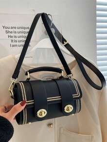 Mini Stitch Detail Twist Lock Flap Square Bag - Black - View 7