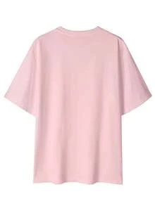 Summer Niche Vintage Design Printed T-Shirt, Loose Drop Shoulder Casual Short Sleeve Top - Pink - View 1