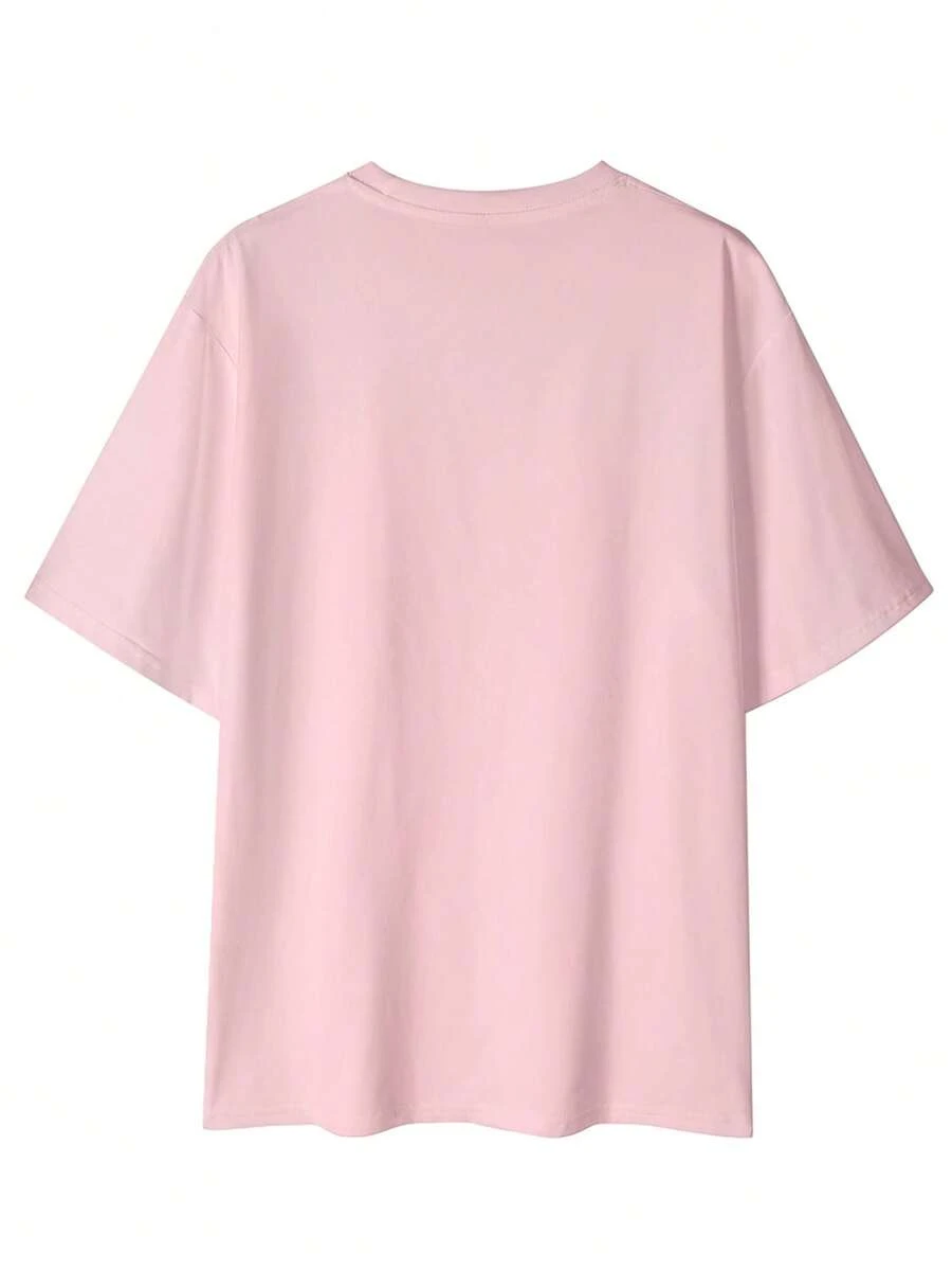 Summer Niche Vintage Design Printed T-Shirt, Loose Drop Shoulder Casual Short Sleeve Top - Pink - View 1