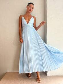 New European-American Spring-Summer 2026 Midi-Party Dress, Pleated, V-Neck, Straps, Wide Skirt - 藍色 - 查看 5