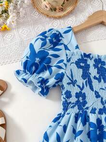 Vestido de niña con patrón de corazón dulce, mangas abullonadas, ribete de volantes y dobladillo con volantes, vestido de princesa para fiesta de verano, playa y vacaciones - Azul Marino - Ver 7