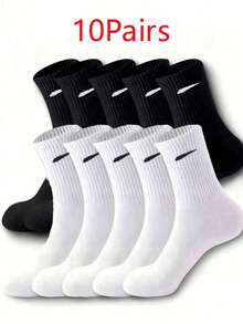 10 Pairs Unisex Socks, Personalized Street Style Black & White Diagonal Stripe Casual Minimalist Fashion Versatile Sweat-Absorbing Breathable Mid-Calf Socks, Couple Mid-Length Socks (The Pattern Of The Socks Is Not Embroidered Or Printed, But Woven) (The Actual Pattern May Differ Slightly From The Image, Such As The Diagonal Stripe Pattern On The Image, The Image Is Beautified, Which Is Normal) - Black and White - View 4
