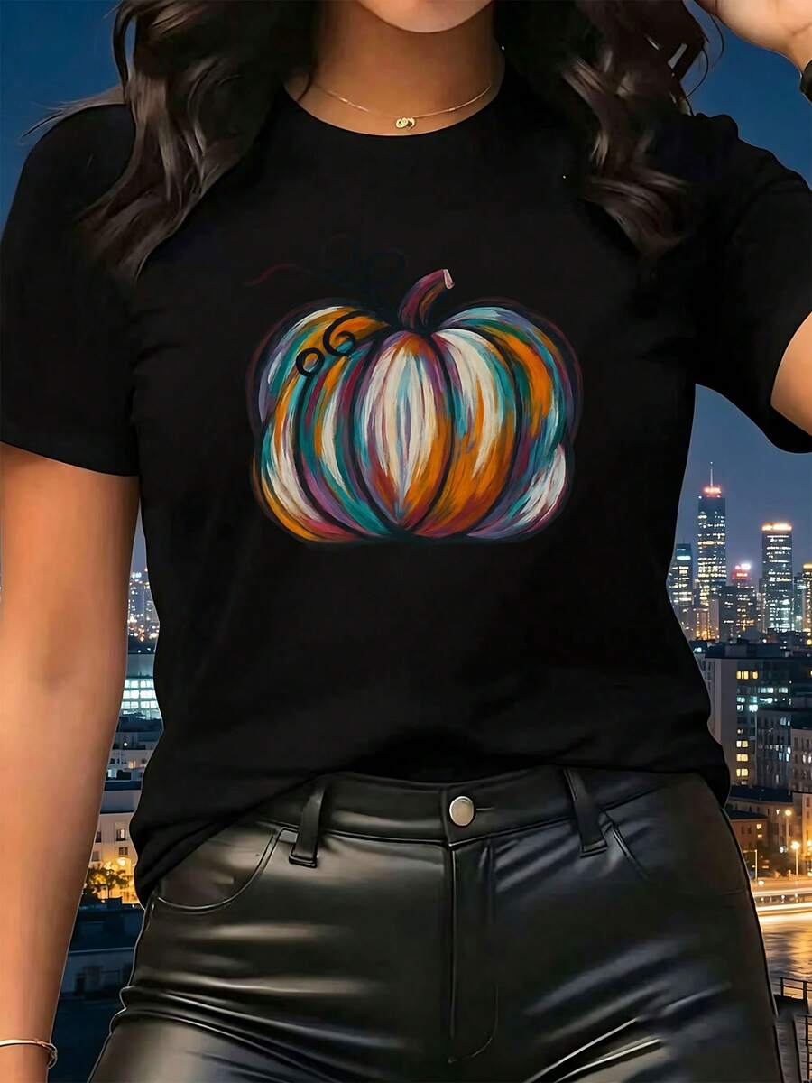 Women's T-Shirt, Colorful Striped Pumpkin, Comfortable Wear - Black - View 1
