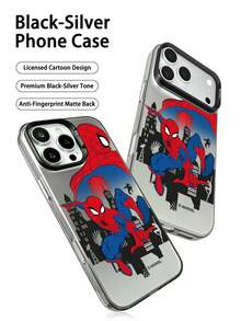 Miniso 1pc New Colorful Silver 3-In-1 PC Hard Shell Dark Silver Official Licensed Marvel Spider-Man Phone Case Compatible With Apple 18 Pro Max/17 Pro/17/16 Pro Max/16 Pro/16/15 Pro Max/15 Pro/15/14 Pro Max/14 Pro/14/13 Pro Max/13 Pro/13/X/XR/11/12 Protective Cover Creative Full Coverage Anti-Drop - Black - View 3