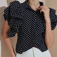 WNS  Blusa elegante de mujer de alta gama con estampado de lunares retro francés y mangas de pétalos - Rojo - Ver 8