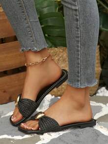 Louis Elegant Women's Shoes, Women's Metal Decor Straw Flat Sandals, Elegant Women's Sandals, Comfortable Minimalist Design, Suitable For Vacation, Beach, Home And Daily Wear, Summer Black Woven Open Toe Slides - Black - View 2