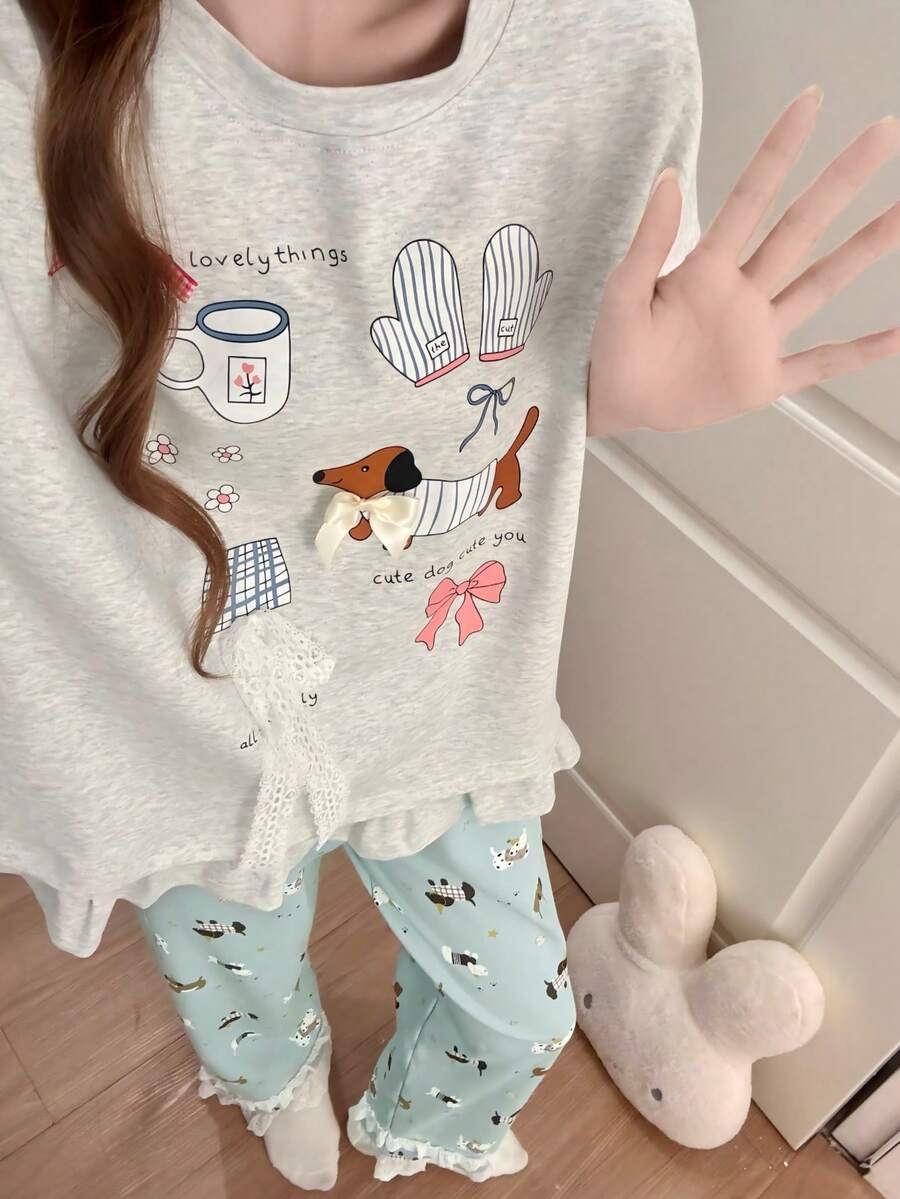 2件組女款睡衣家居服套裝,可愛小狗印花蕾絲蝴蝶結裝飾套頭短袖上衣,動物印花短版長褲,時尚款,適合春、夏、秋季 - 彩色 - 查看 1