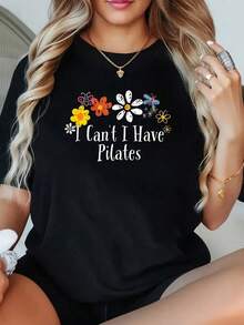 1 Pieza Camiseta de Mujer Talla Grande con Estampado Gráfico 'No puedo, tengo Pilates', Manga Corta, 220g, 100% Poliéster, Estilo Casual con Cuello Redondo - Negro - Ver 1