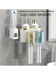 1 Set Multi-Function Toothbrush Holder And Cup Rack, Wall-Mounted Toothpaste & Mouthwash Storage Organizer, With Toothpaste Squeezer, Bathroom Accessories, Excluding Toothbrush Holder (Toothpaste Dispenser Not Included) Bathroom Accessories - Random Color Cup - View 16