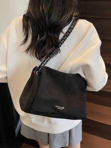 Premium Vintage Women's Chain Shoulder Bag, Large Capacity Crossbody Tote Bag, Versatile For Autumn/Winter, Work Commute Bag - Black - View 2
