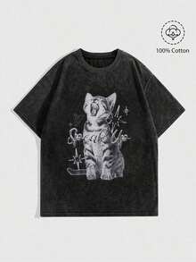 Men's And Women's 100% Cotton Loose Fit Acid-Washed Fabric T-Shirt, Vintage Grunge Punk Style For Women, With Cute Cat Print, Unisex, For School. - 黑色 - 查看 1