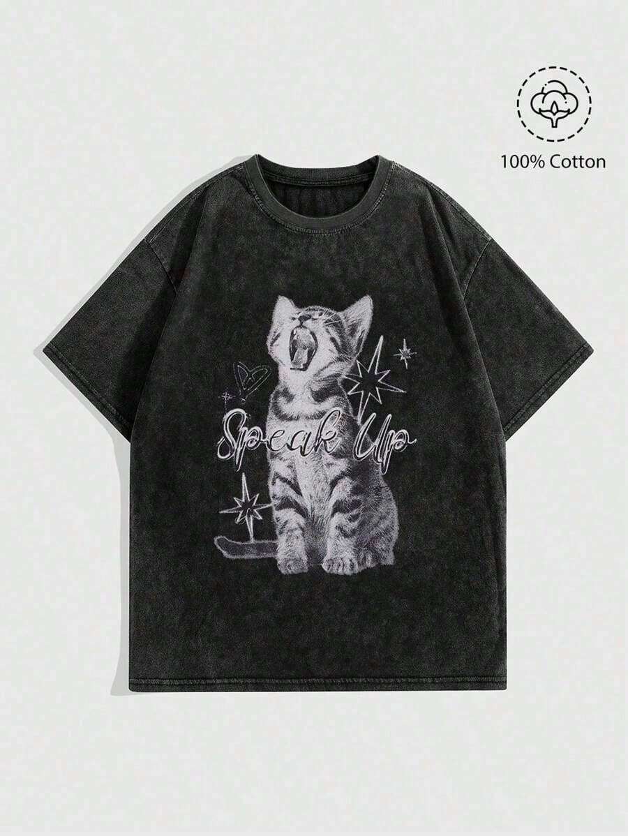 Men's And Women's 100% Cotton Loose Fit Acid-Washed Fabric T-Shirt, Vintage Grunge Punk Style For Women, With Cute Cat Print, Unisex, For School. - 黑色 - 查看 1