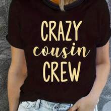 Camiseta Casual de Cuello Redondo para Mujer con Estampado de Letras "CRAZY Cousin CREW" - Top Negro de Manga Corta para Primavera/Verano, Tela de Poliéster Ligera, Camiseta de Corte Holgado - negro - Ver 2
