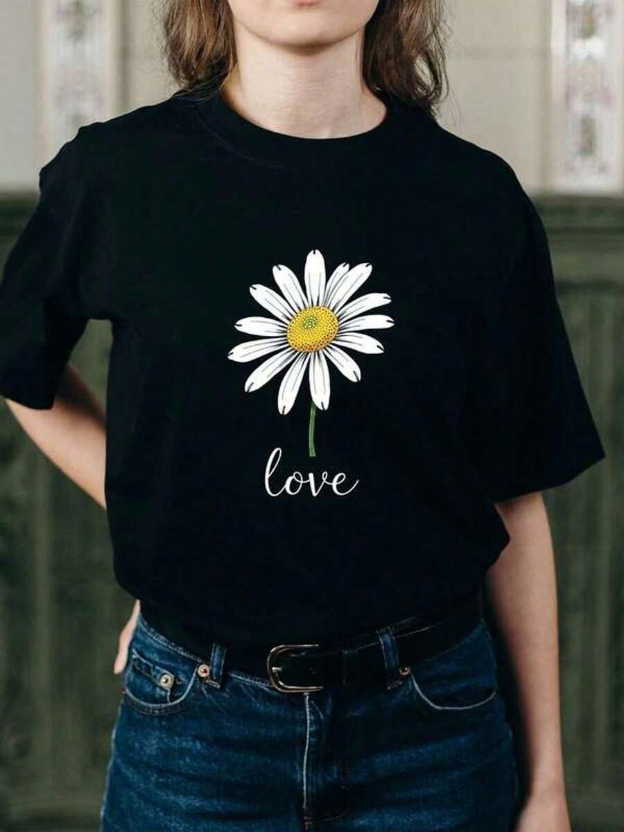 Women's Casual Short-Sleeved T-Shirt With Vintage Print, Made Of Soft Pure Cotton Fabric, Ideal For Everyday Outfits. - 黑色 - 查看 1