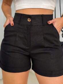 Women's High-Waisted Linen Shorts With Slash Pockets - Elegant, Casual, Social, Summer, Comfortable, Fashionable. - 深色水洗藍 - 查看 1