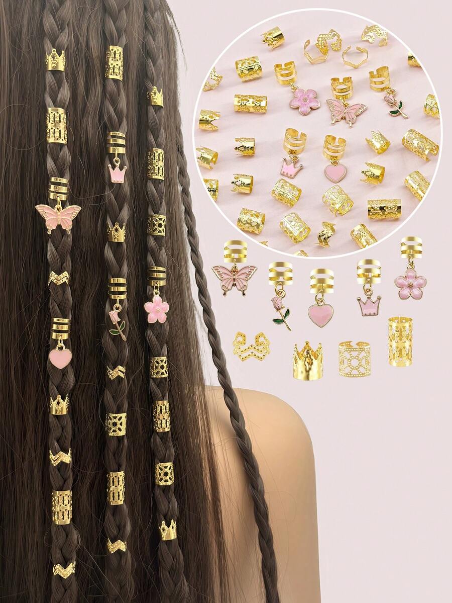 45pcs Flower Wave Hair Rings With Colorful Butterflies And Camellias - Multi-Shape Adjustable Hair Bands, Women's Dreadlock Garden Accessories
