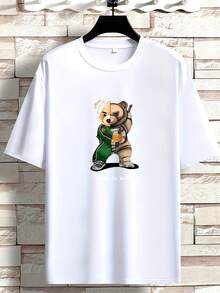 Camiseta de manga corta con cuello redondo y estampado de oso de kung fu, de estilo veraniego e imaginativo, para deportes y ocio, para hombres altos y corpulentos. - Blanco - Ver 2