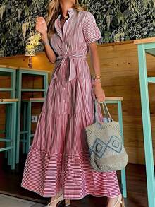 ¡RENUEVA TU ARMARIO YA!Vestido midi de mujer nuevo, estampado de rayas elegante y corto de manga, corte holgado favorecedor y cómodo para uso diario y oficina - Burdeos - Ver 8