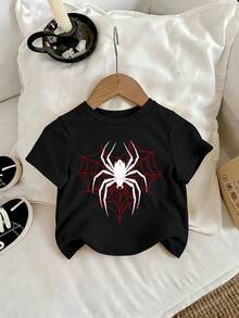 Nueva camiseta casual para bebé niño, camiseta de manga corta versátil con estampado de araña de dibujos animados, adecuada para usar en primavera y verano. Tela cómoda y suave - Negro - Ver 1