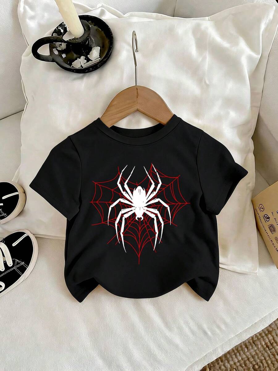 Nueva camiseta casual para bebé niño, camiseta de manga corta versátil con estampado de araña de dibujos animados, adecuada para usar en primavera y verano. Tela cómoda y suave - Negro - Ver 1