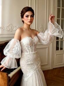 1 Pair Lace Applique Exquisite Arm Sleeves, Simple & Elegant, Loose Fit Arm Cover, Suitable For Wedding Dress & Formal Gown - Multicolor - View 2