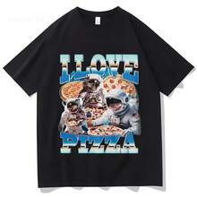 Funny "I Love Pizza" T-Shirt With Pizza Lover And Astronaut Print For Women,  Vintage Short-Sleeved T-Shirts, Casual Cotton Tee - 彩色 - 查看 1