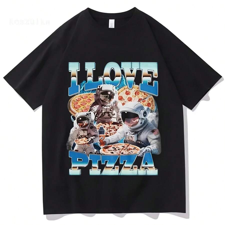 Funny "I Love Pizza" T-Shirt With Pizza Lover And Astronaut Print For Women, Vintage Short-Sleeved T-Shirts, Casual Cotton Tee - 彩色 - 查看 1