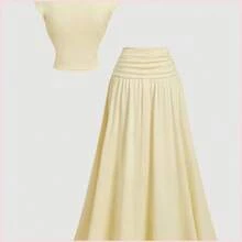 MOD Conjunto de 2 piezas color amarillo claro: Top de cuello alto y falda ajustada - Amarillo - Ver 3