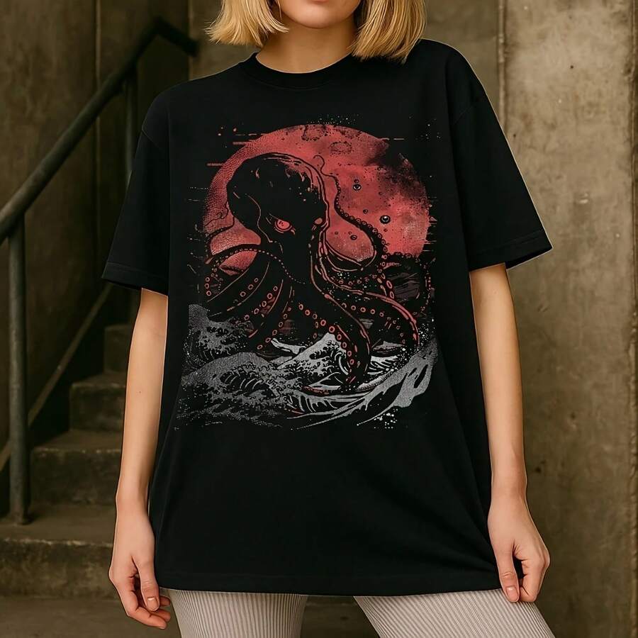 Camiseta Cthulhu de gran oferta de verano camiseta Red Moon Kraken, camiseta gráfica de terror Eldritch, camiseta de manga corta con cuello redondo para mujer - Multicolor - Ver 1