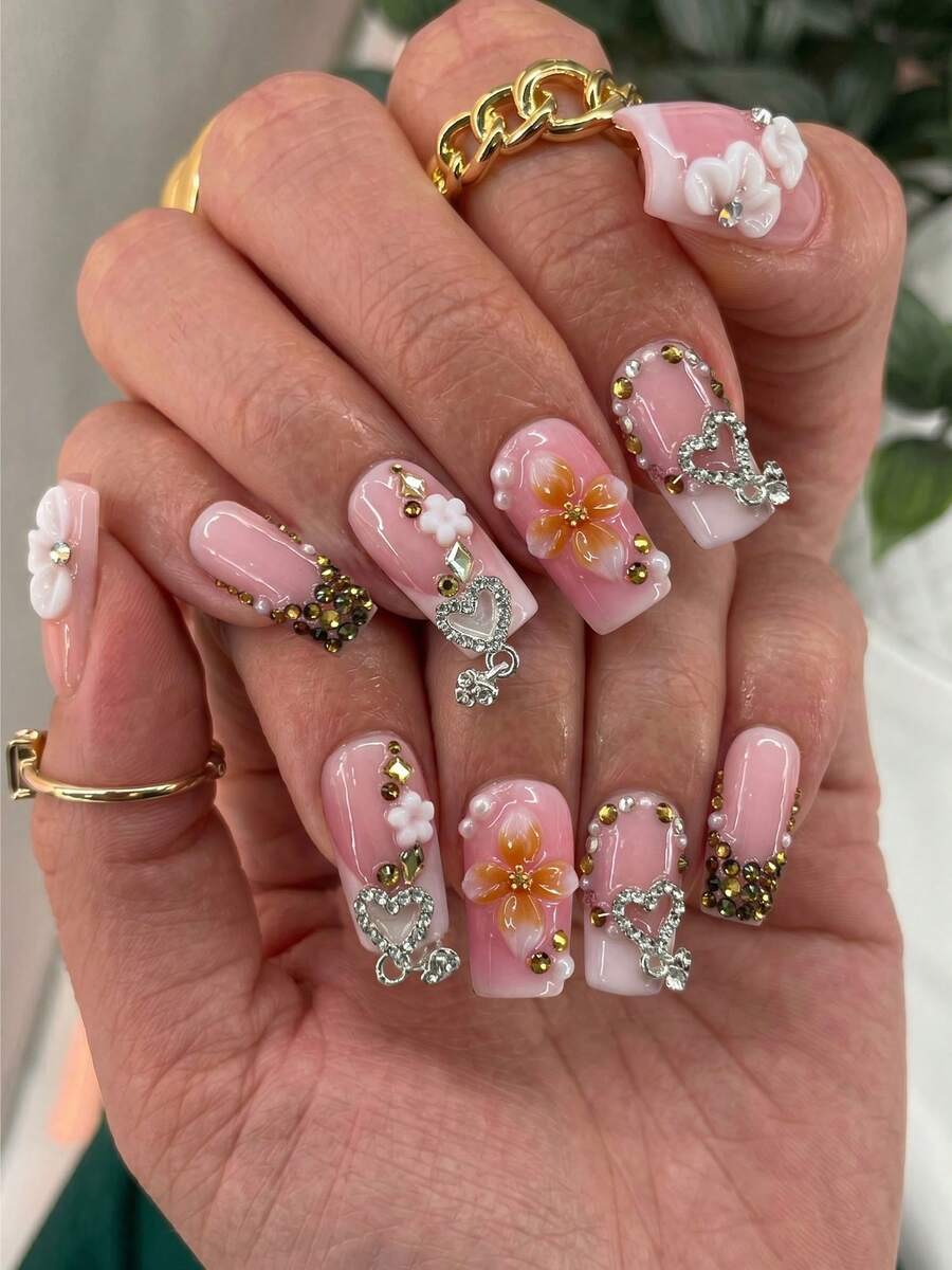 Handmade 10Pcs 0.8Inch Acrylic Short Square Press On Nails, Pink Ombre French 3D Flower Silver Heart Charm Rhinestone False Nails - Multicolor - View 1
