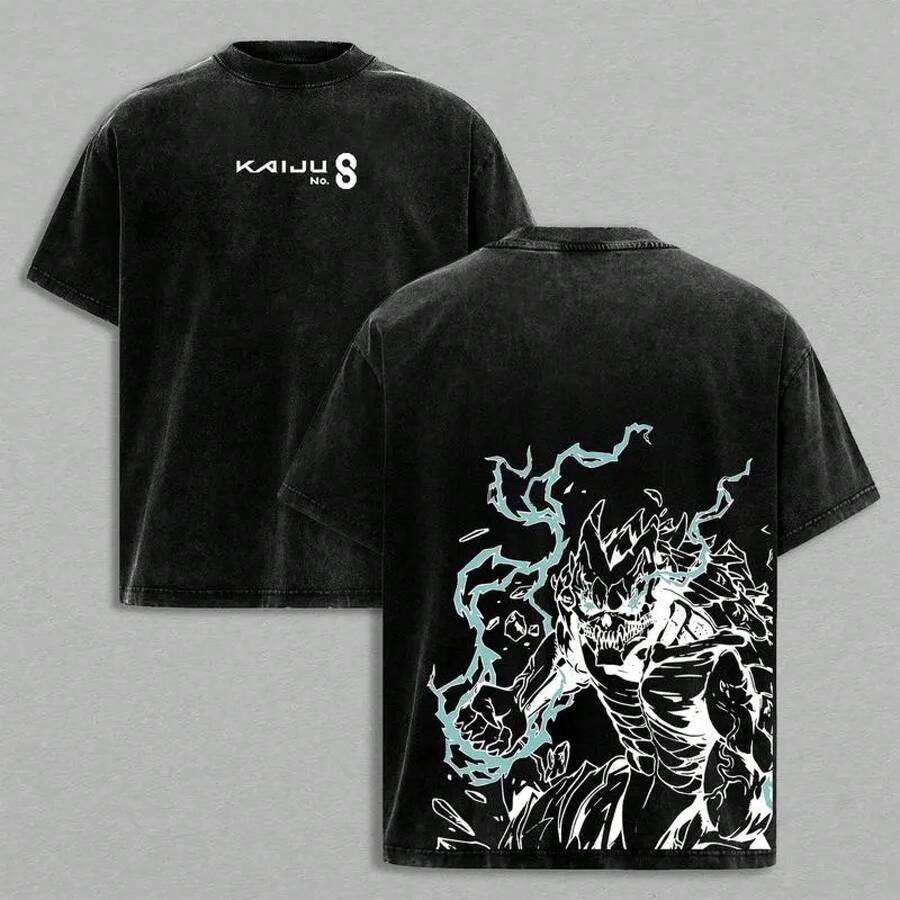Kafka Hibino N.º Camiseta 8, Ropa Interior de Algodón Grueso, Camiseta Vintage Lavada con Doble Estampado, Ropa Urbana Unisex de Talla, Gráfico de Anime y Manga para Fanáticos d - Negro - Ver 1