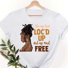 Camiseta de Mujer con Estampado "LOC'D UP" - Top Negro, Impresa con el llamativo texto "I Love My Hair LOC'D UP", Corte Holgado, Adecuada para Uso Diario en Verano, Estilo Casual, Estampado - negro - Ver 2