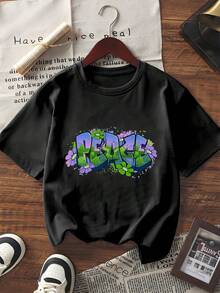 Unisex Pure Cotton Short Sleeve T-Shirt Casual Loose Fit Peace Graphic Print Summer Top - nero - Visualizzare 6