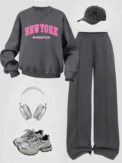 Tween Girl Letter Print Crew Neck Sweatshirt And Sweatpants Casual Set