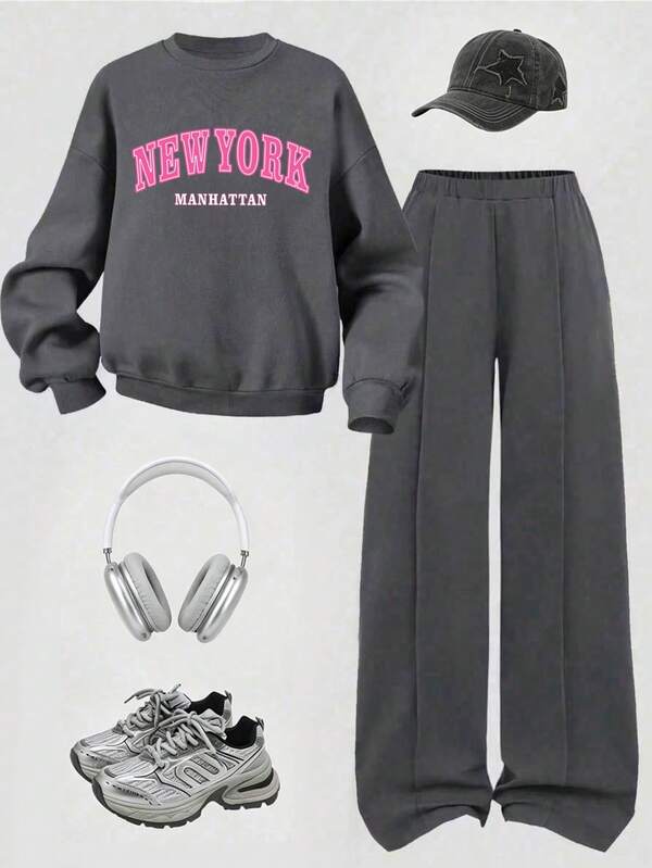 Tween Girl Letter Print Crew Neck Sweatshirt And Sweatpants Casual Set