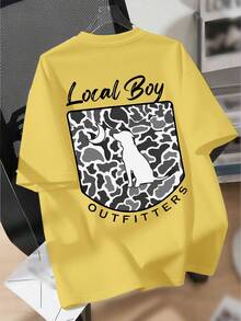 男童休閒圓領短袖T恤，印有「Local Boy」與「OUTFITTERS」文字、動物（狗）圖案，時尚百搭，適合青少年街頭穿搭，適穿春夏季 - 黃色 - 查看 2