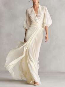 Long Dress With Deep V-Neck, Lantern Sleeves, Fitted, Ladylike Style, Autumn Party - 白色 - 查看 1