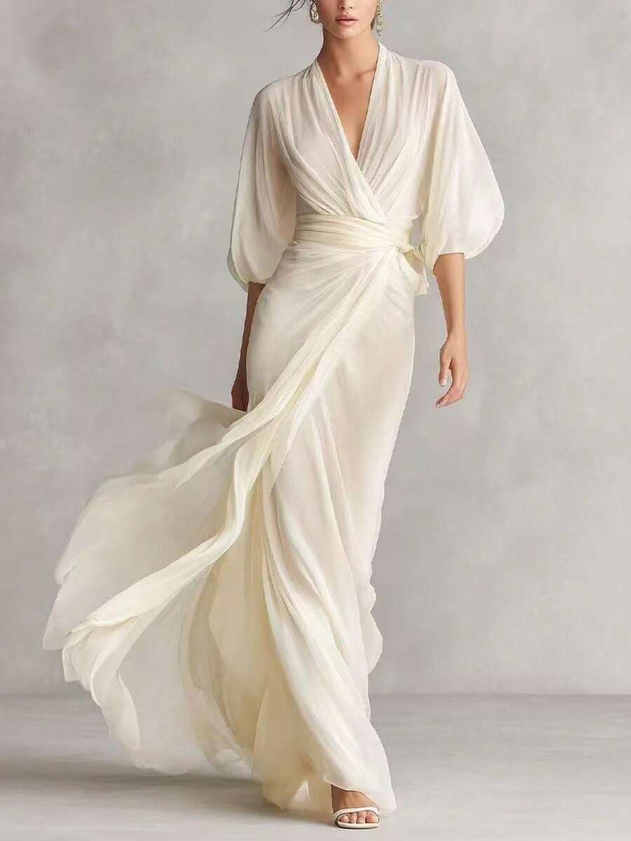 Long Dress With Deep V-Neck, Lantern Sleeves, Fitted, Ladylike Style, Autumn Party - 白色 - 查看 1