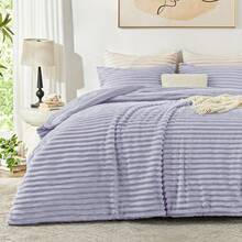 Cozy Bedding Ensemble - Ultra Plush Faux Fur Striped Jacquard Comforter 3pcs Set, Fleece Bed, Winter Warmth Bedding, Comforter With Pillow Covers - 淺紫色 - 查看 12