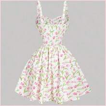 MOD Vestido corto de mujer con estampado floral, cintura ajustada y tirantes con lazo - Multicolor - Ver 9