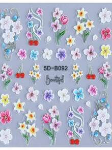 2 Packs Summer 5D Embossed Hibiscus Flower Stickers Colorful Flower Pattern Self-Adhesive Nail Decals Decorations Women's Nail Supplies - Multicolor - View 4