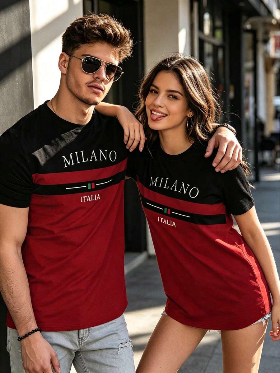 Kaos Lengan Pendek Leher Bulat Pria Milan yang Stylish dengan Motif Cetak, Kaos Fashion Musim Panas, 100% Poliester, Kain Ringan, Cocok untuk Dipakai di Musim Panas - MultiWarna - View 1