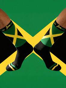 1 Pair Green Yellow Black Colorblock Striped Mid-Calf Socks, Retro Reggae Style Breathable Versatile Unisex Socks - Multicolor - View 7