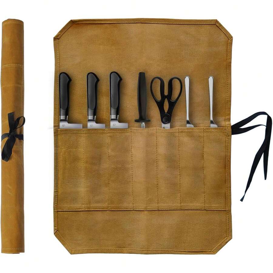Bolsa de rollo para cuchillos de chef de lona encerada | Funda protectora de múltiples ranuras para herramientas de cocina profesionales y almacenamiento de cubiertos - Bolsa de almacenamiento de viaje con fijación segura de cuchillas & Caja de almacenamiento multifuncional - Multicolor - Ver 1
