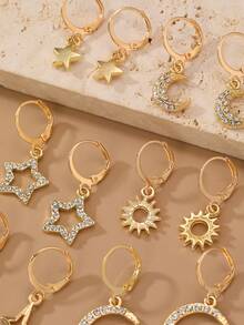 Juego de 6 piezas/Set de pendientes con colgante de estrella y luna de strass para niñas, adecuado para decoración diaria - Dorado - Ver 4