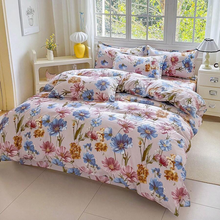 3-Piece Floral Duvet Cover Set, 100% Polyester, Soft & Breathable, Zipper Closure, Suitable For Bedroom, Hotel, Holiday Gift, Made In China - Blue - View 1