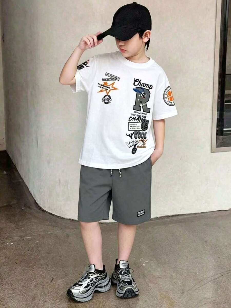男童圆领卡通字母印花短袖T恤搭配抽绳短裤,休闲日常穿搭 - 白色 - 查看 1