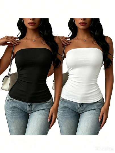 2 Adet/Set Kadın Yazlık Yeni Düz Renk Bandeau, Günlük Kullanıma Uygun Sırtı Açık Dar Kesim Crop Üst, Moda Günlük Giyim